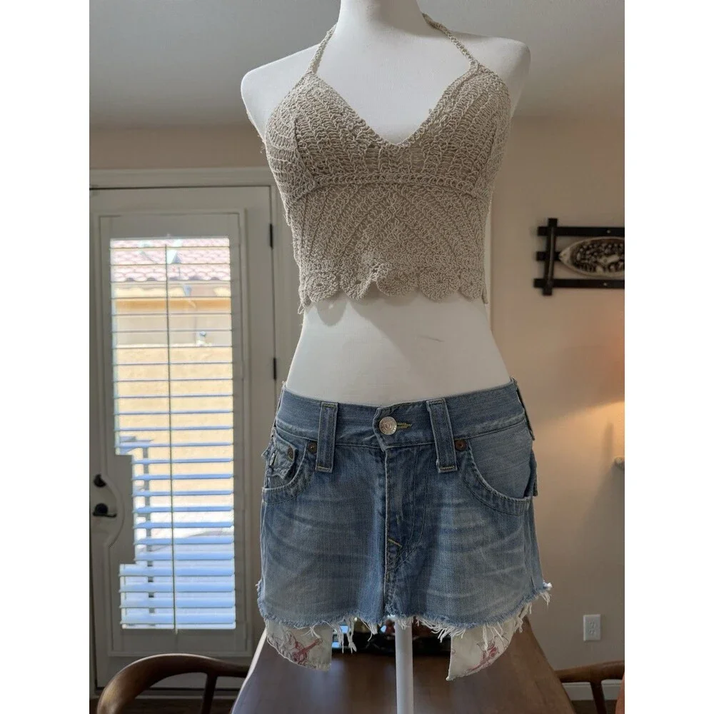 Y2K True Religion Cutoff Mini Skirt Cyberpunk Rocker Denim Low Rise repurposed